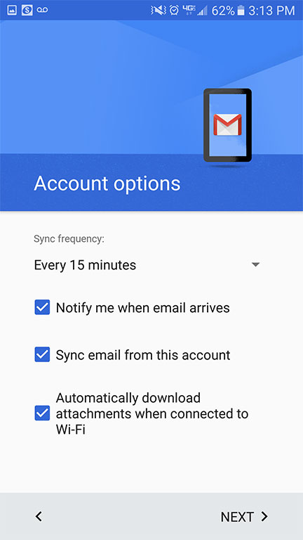 Android synch options screen