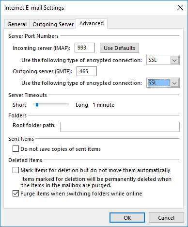 2013/2016 MS Outlook Set Advanced ports and security